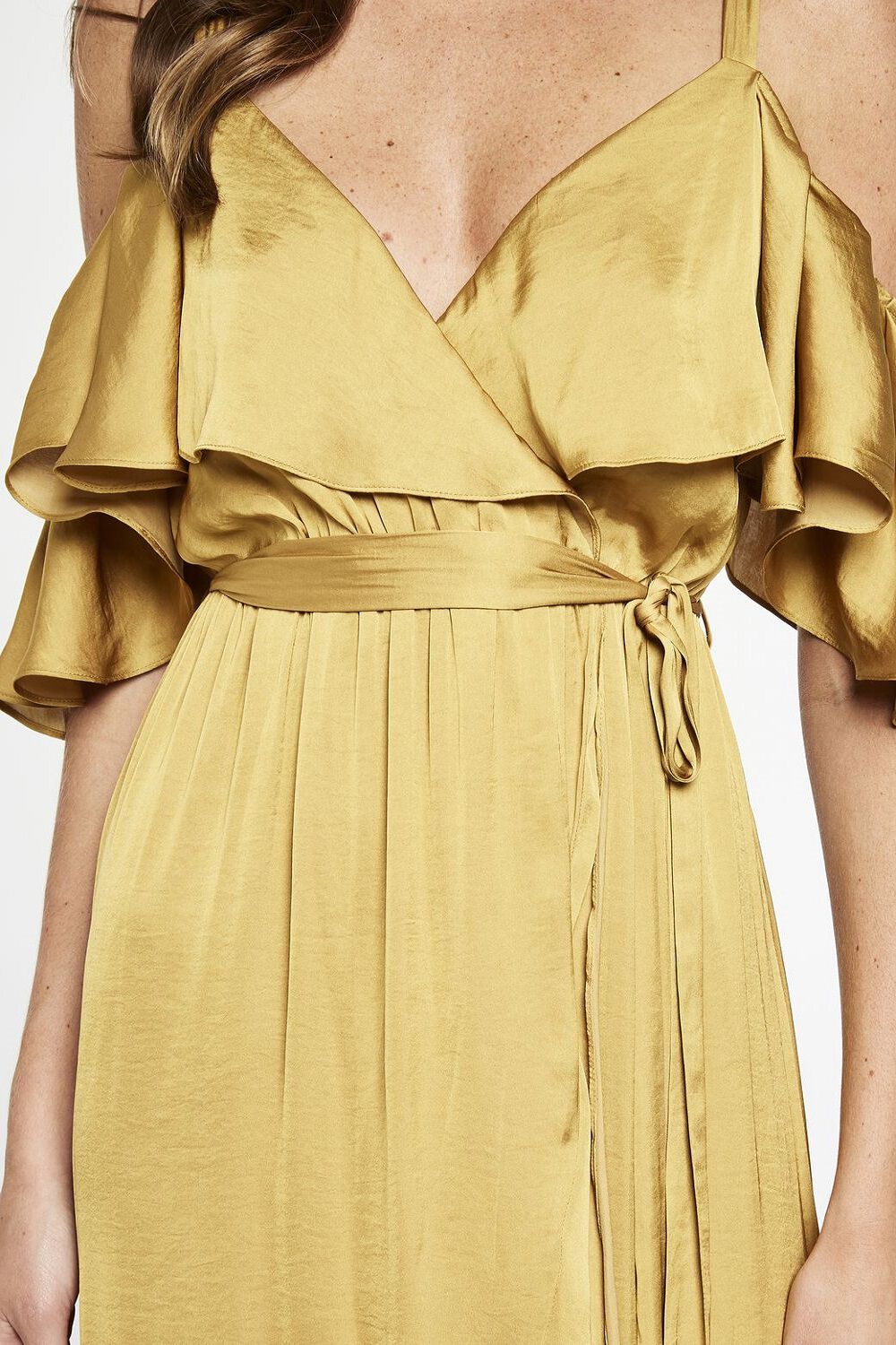 Bea Wrap Dress in Gold | Bardot